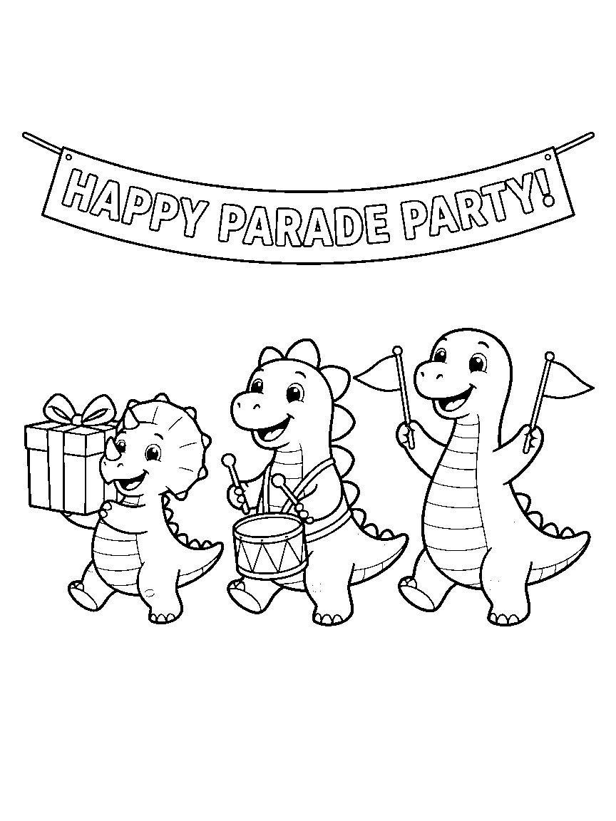 Dinosaur Birthday Parade coloring page: three small friendly dinosaurs marching in a parade with flags, a drum, and a wrapped present toward a party banner