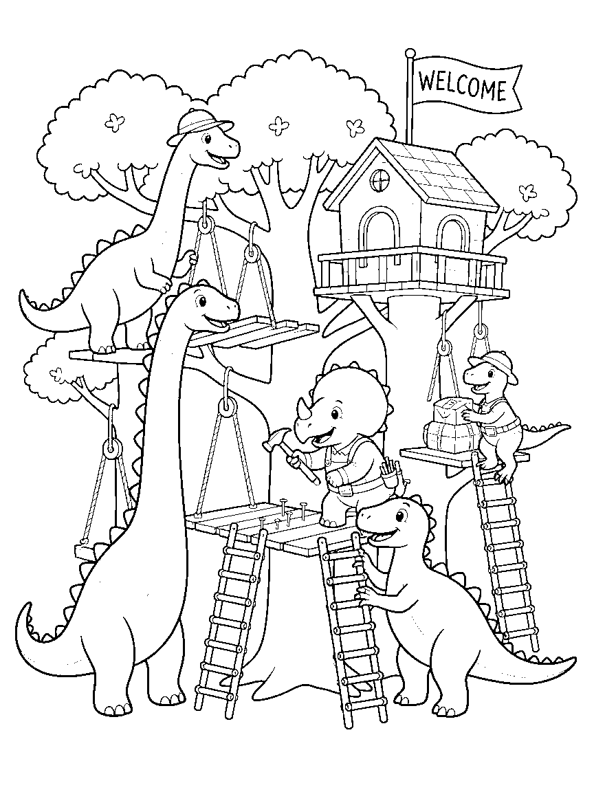 Dinosaur Treehouse Builders coloring page: industrious dinosaurs building a treehouse town with rope pulleys, ladders, plank bridges, and a welcome flag