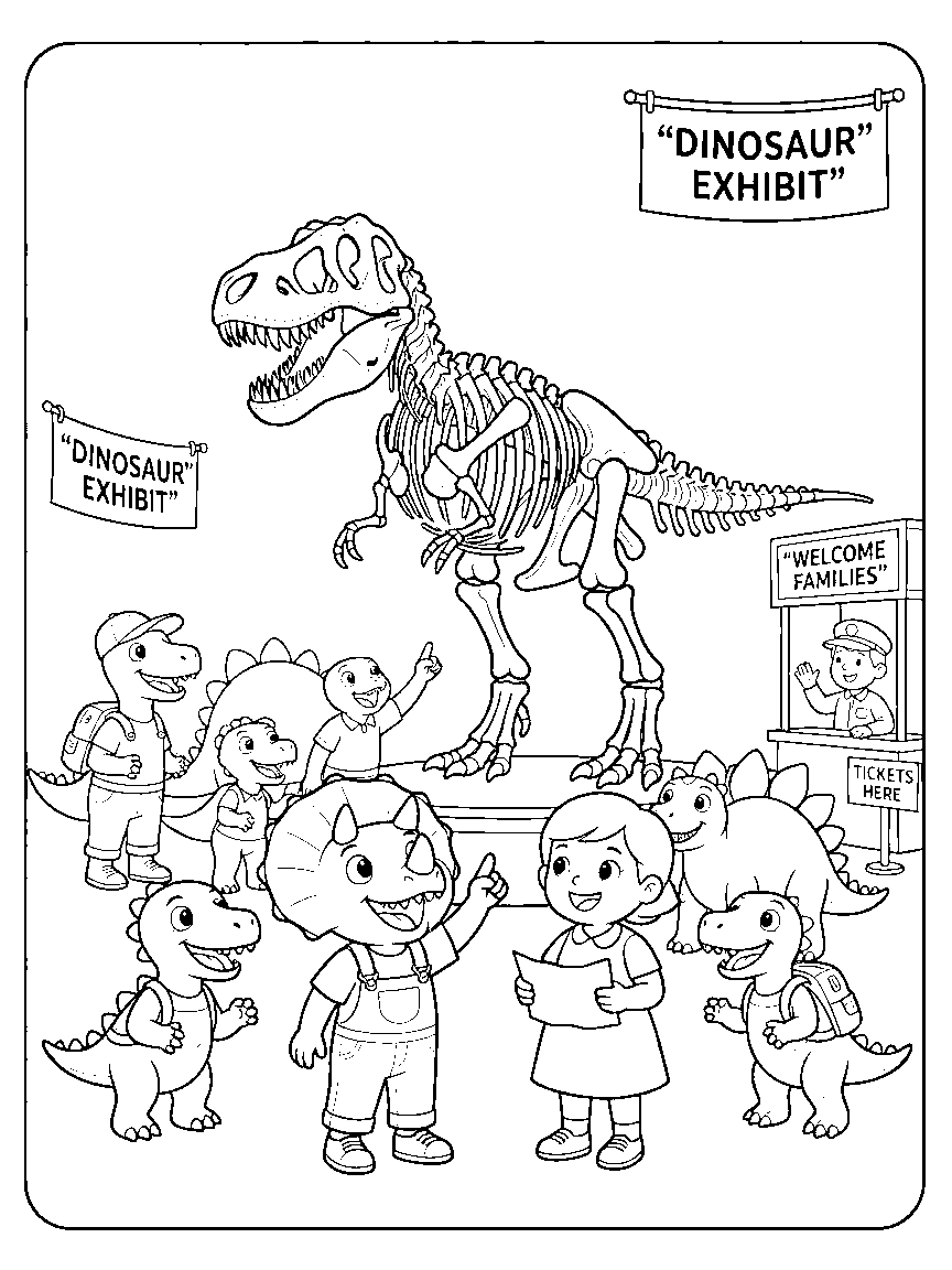 The Great Fossil Museum coloring page: a grand museum hall with a tall dinosaur skeleton display, hanging banners, a ticket booth, and visiting dinosaur families