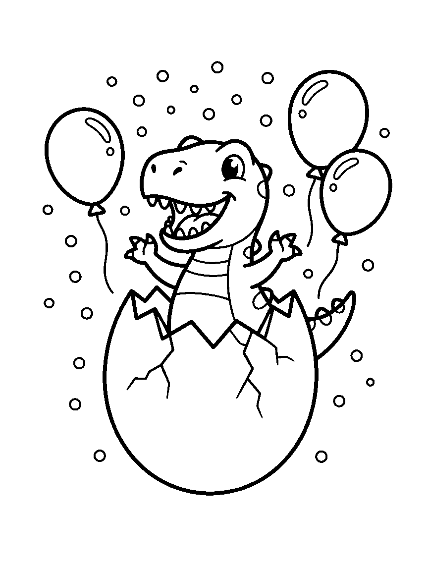 Happy Baby T-Rex Hatchling coloring page: a cheerful baby tyrannosaurus hatching from a large cracked egg, surrounded by three round party balloons and confetti dots