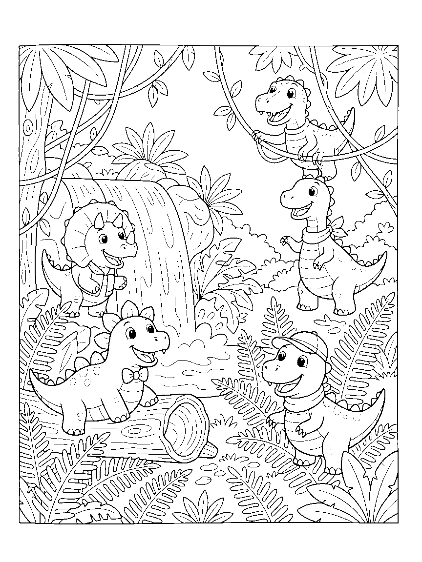 Jungle Hide and Seek coloring page: a lush prehistoric jungle where five playful dinosaurs peek out from ferns, vines, hollow logs, and behind a waterfall