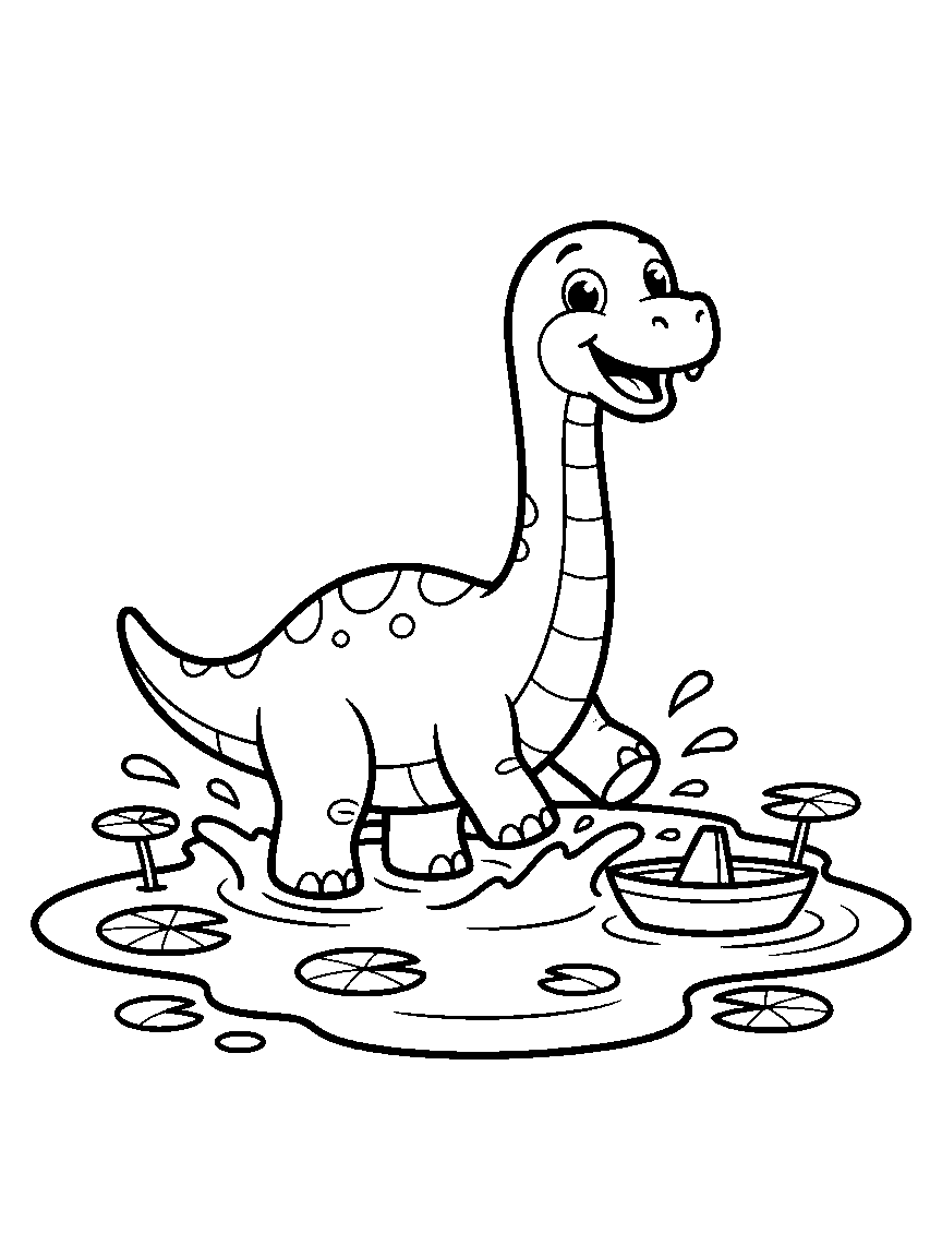 Little Long-Neck Splash coloring page: a smiling baby long-neck dinosaur splashing in a shallow puddle next to a floating toy boat and lily pads