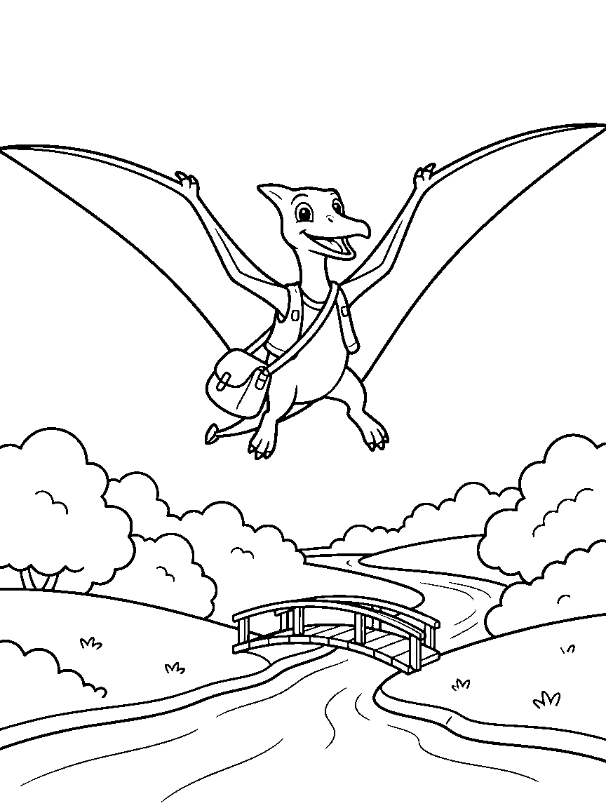 Pterosaur Mail Delivery coloring page: a gentle flying pterosaur carrying a letter satchel over rounded treetops, a winding river, and a small wooden bridge