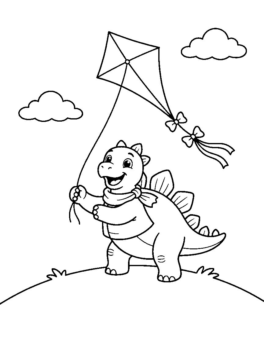 Stegosaurus Kite Day coloring page: a happy stegosaurus flying a large diamond kite with a bow tail on a breezy hilltop under three puffy clouds
