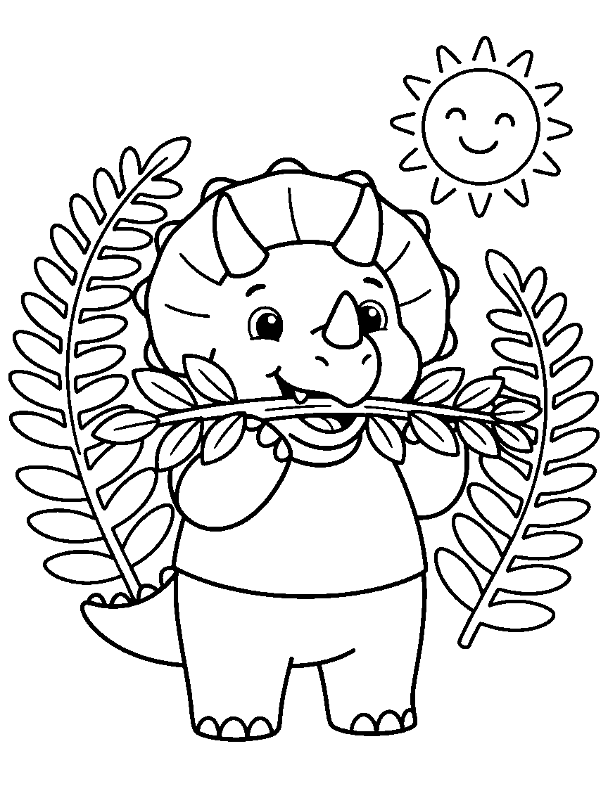 Triceratops Snack Time coloring page: a round friendly triceratops munching a giant leafy branch beside two big ferns and a smiling sun