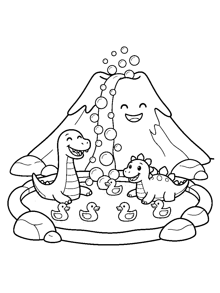 Volcano Bubble Bath coloring page: a gentle cartoon volcano pouring bubbles into a hot spring where two relaxed dinosaurs soak with rubber ducks