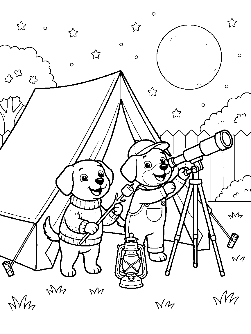 Backyard Camping Dogs coloring page: two dogs in a backyard tent with a lantern, marshmallow sticks, and a telescope pointed at a big moon