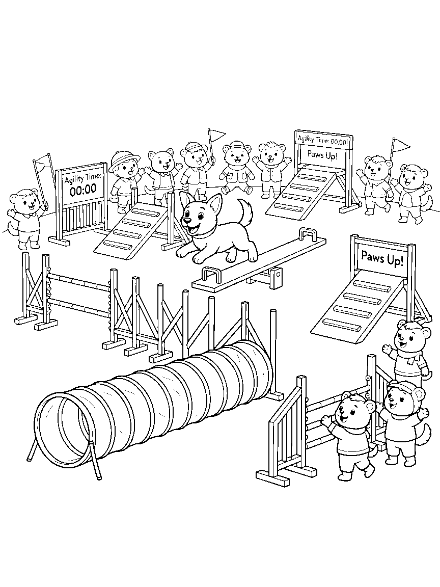 Agility Championship coloring page: a detailed agility course with tunnels, weave poles, a seesaw, ramp towers, scoreboards, and cheering animal spectators