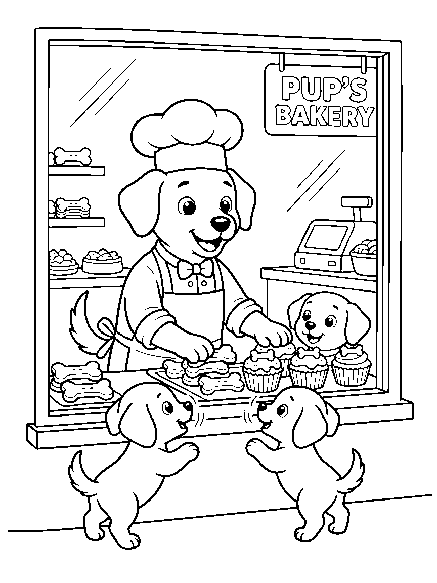 The Dog Treat Bakery coloring page: a dog baker arranging bone cookies and pupcakes in a bakery window while two puppies press noses to the glass