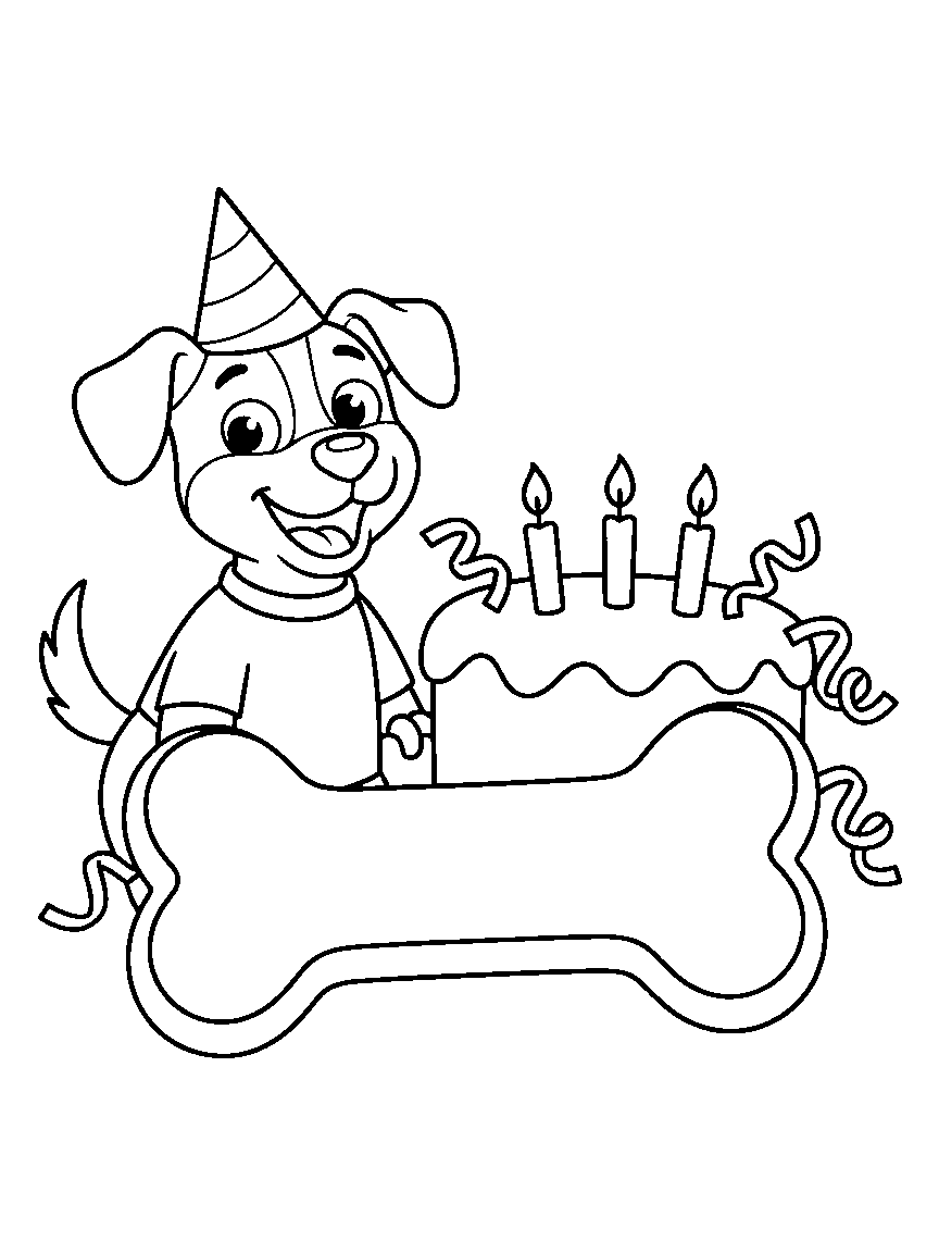 Dog Bone Birthday coloring page: a happy dog wearing a party hat beside a giant bone-shaped cake with three candles and streamers