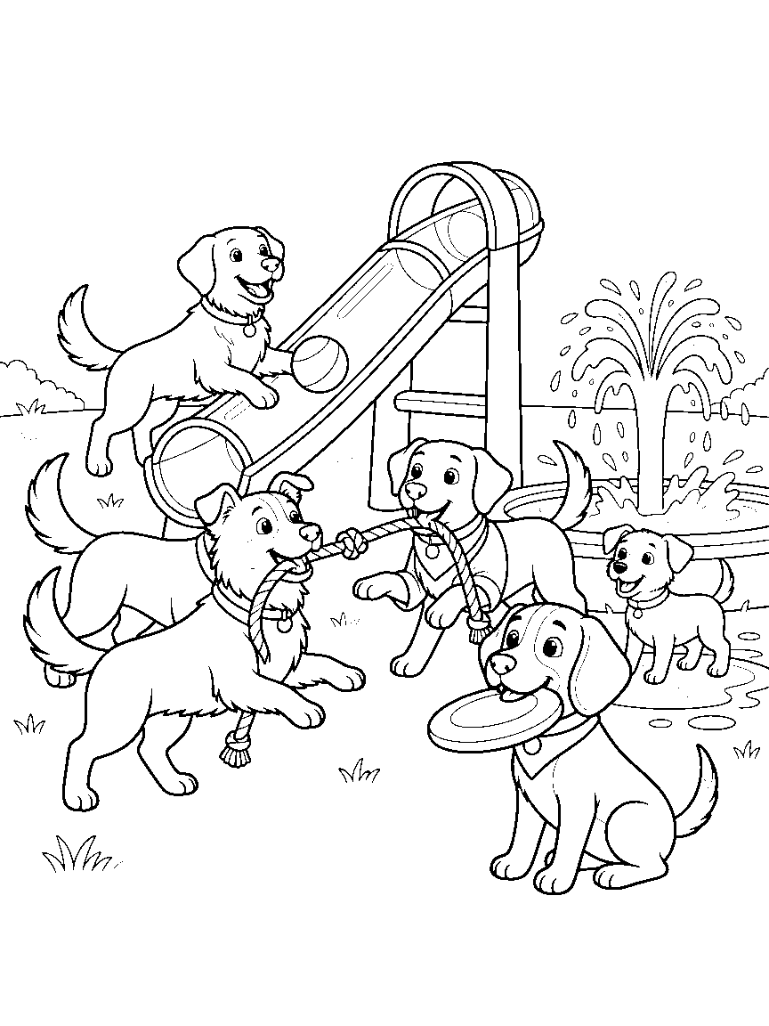 Dog Park Games Day coloring page: dogs playing at a park with a ball chute, tug rope, splash fountain, and a beagle waiting with a frisbee