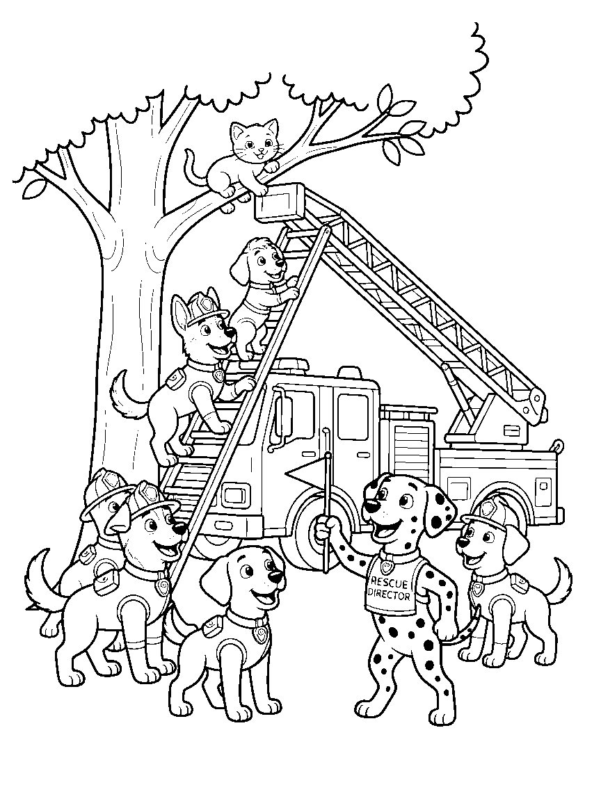 Dog Rescue Squad coloring page: a rescue team of dogs with a ladder truck helping a kitten from a tree while a dalmatian directs with a tiny flag