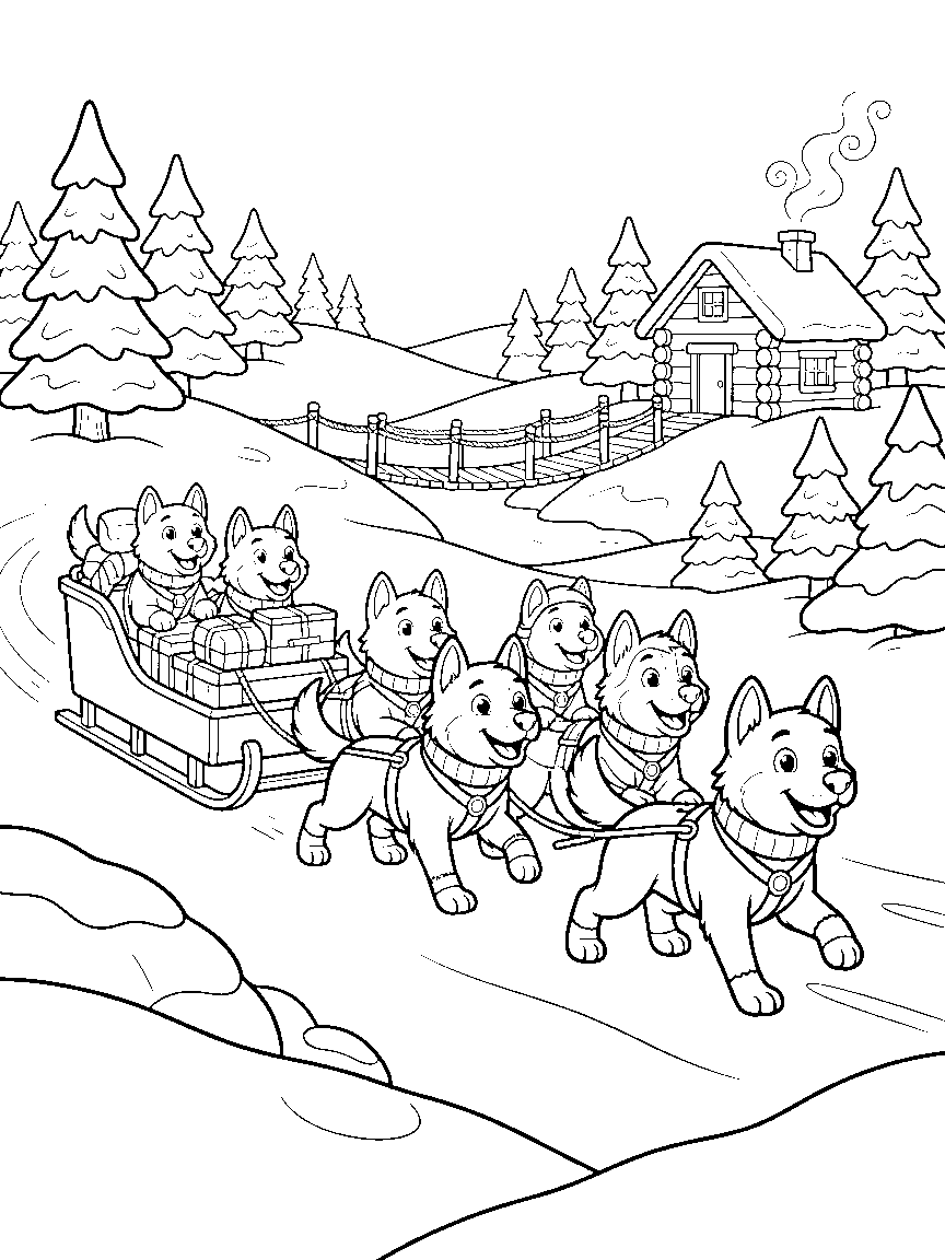 Snowy Sled Team Adventure coloring page: a happy sled-dog team pulling a supply sled across snowy hills past pine trees, a rope bridge, and a cabin with smoke curls