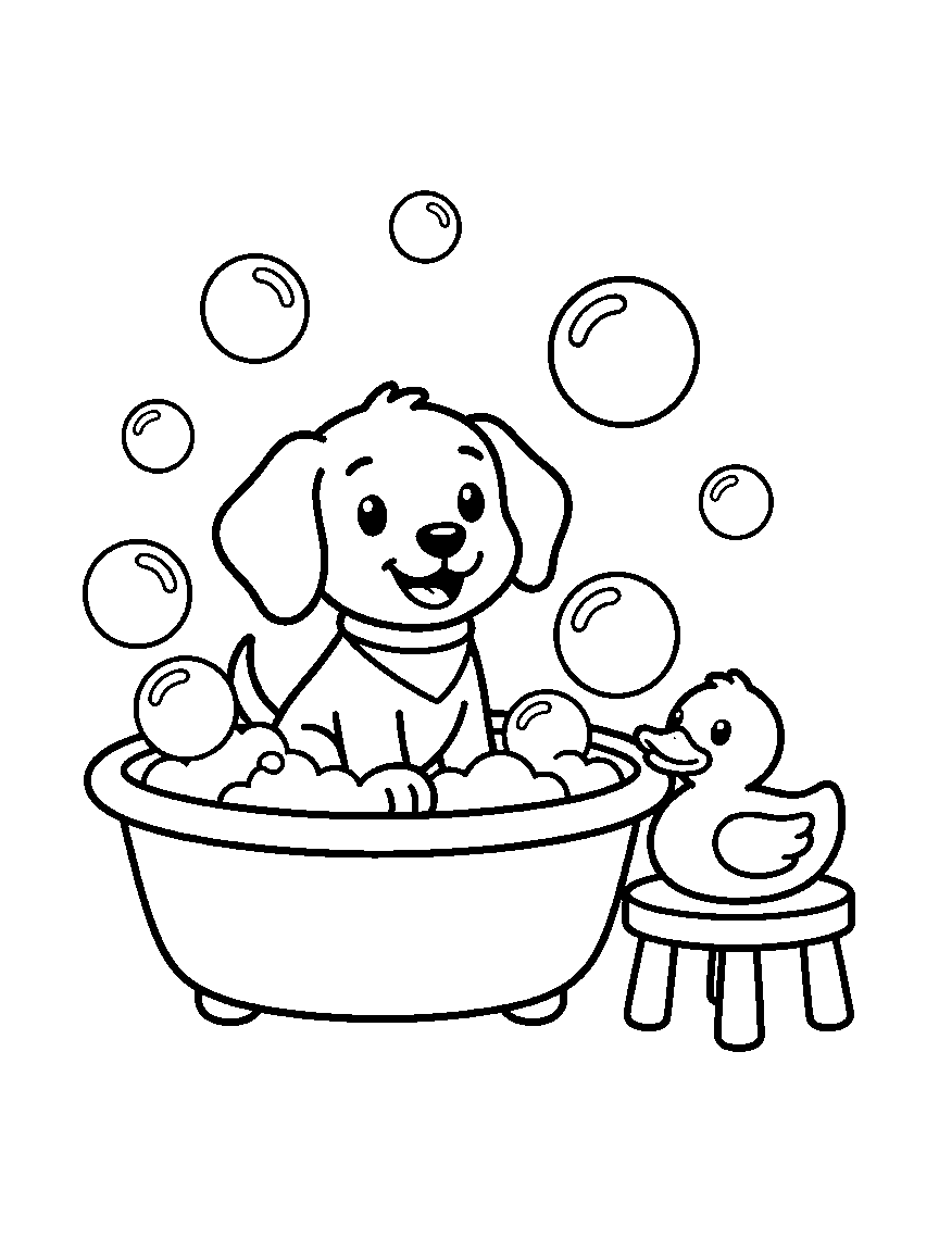 Puppy Bubble Bath coloring page: a floppy-eared puppy in a round washtub surrounded by giant soap bubbles and a rubber duck on a stool