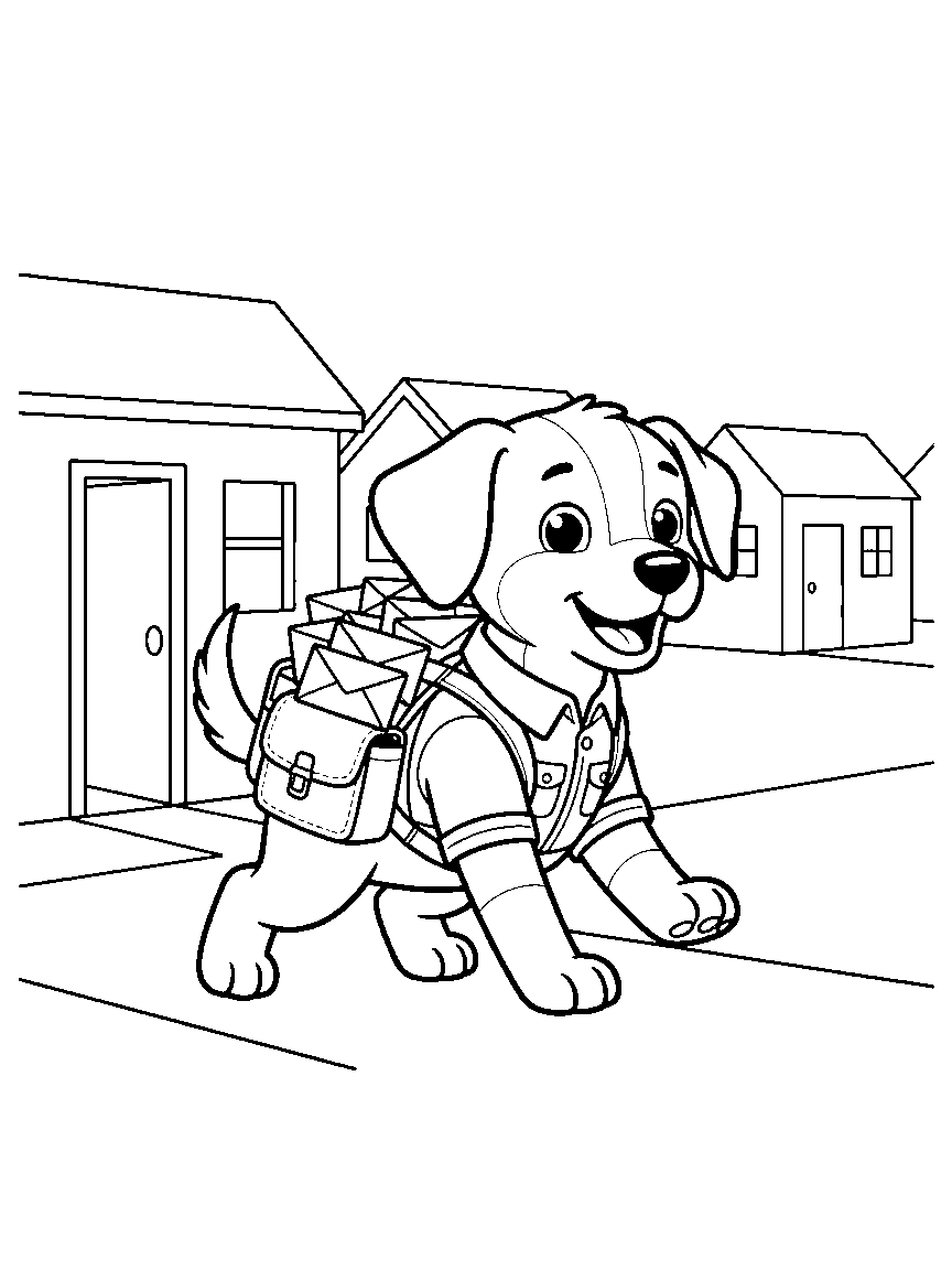 Puppy Mail Helper coloring page: a puppy in a small mail vest delivering letters door to door, with envelopes tucked in its saddle bags