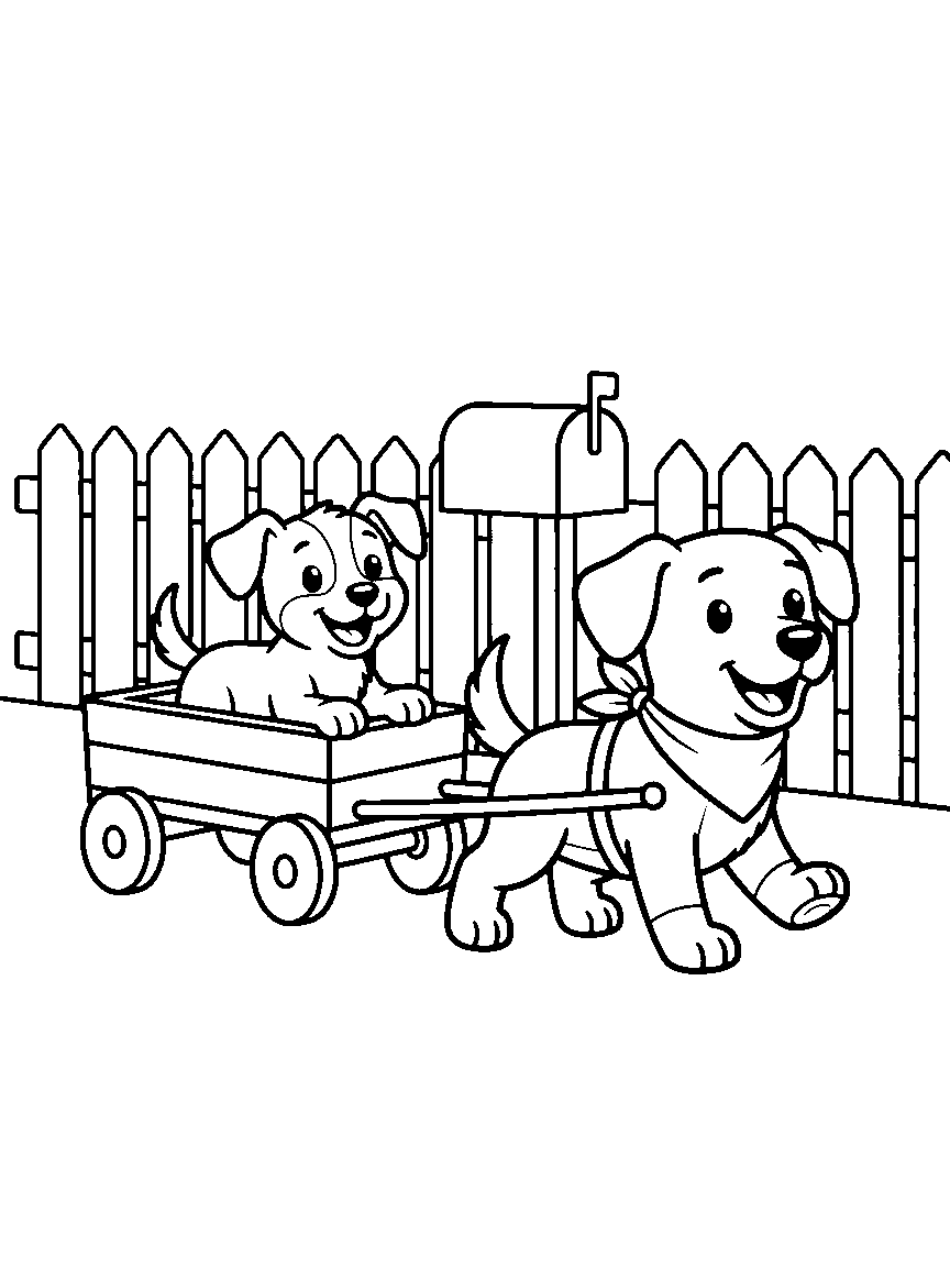 Puppy Wagon Ride coloring page: a grinning puppy riding in a wooden wagon pulled by a bigger dog past a mailbox and picket fence