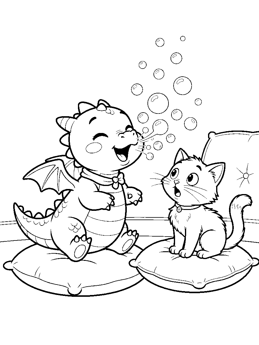 Baby Dragon Bubble Sneeze coloring page: a chubby baby dragon sneezing a burst of round bubbles while a startled cat watches from a cushion
