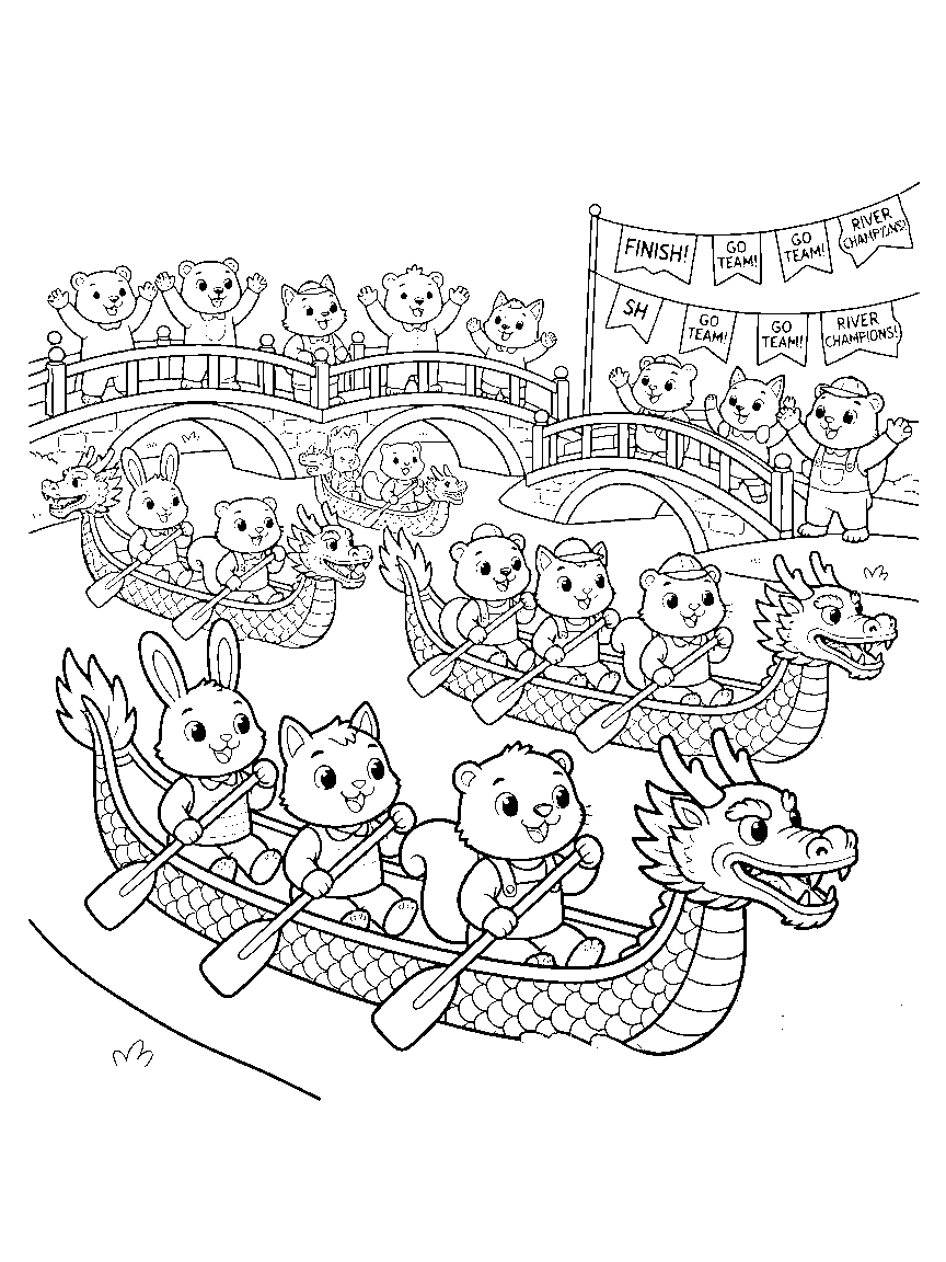 Dragon River Boat Race coloring page: a detailed river race of carved dragon boats with paddling animal crews, cheering bridges, and finish-line pennants