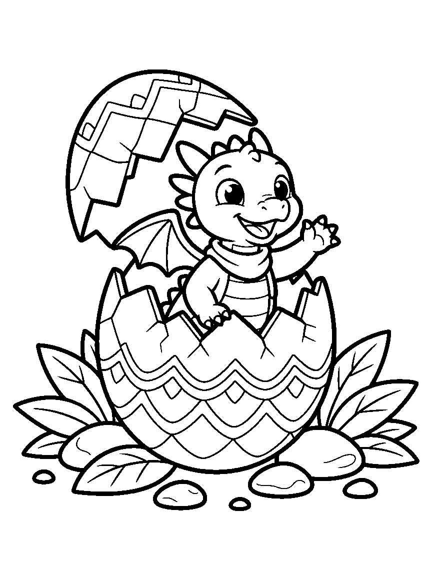 Dragon Egg Surprise coloring page: a large patterned dragon egg cracking open with a happy hatchling waving one wing, surrounded by leaves and pebbles