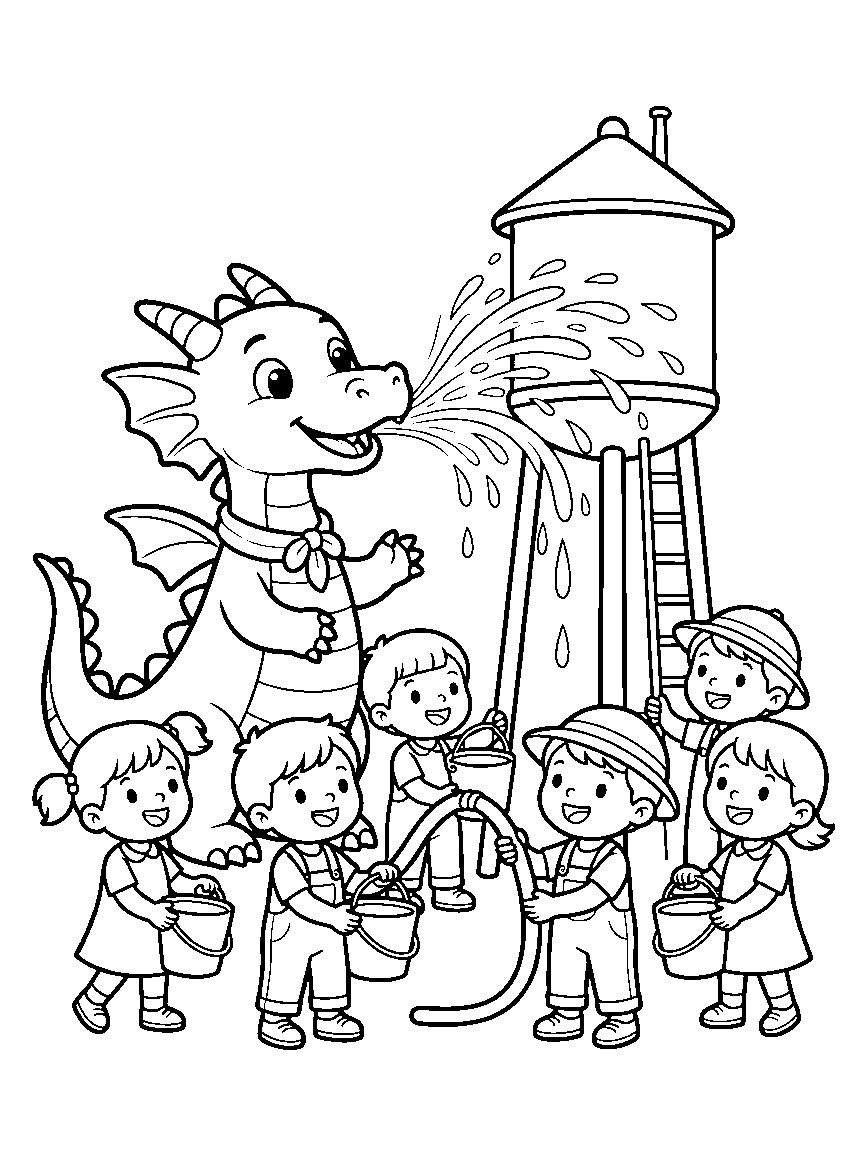 Dragon Firefighter Crew coloring page: a water dragon spraying a gentle fountain to fill a village water tower while helpers hold a hose and buckets