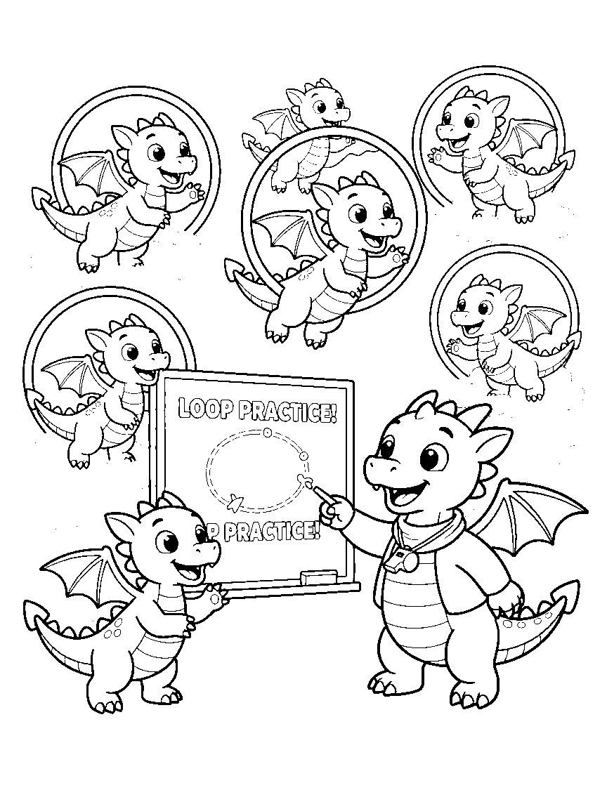 Dragon Flying School coloring page: young dragons practicing loops through cloud hoops while a whistle-wearing instructor dragon points at a chalkboard