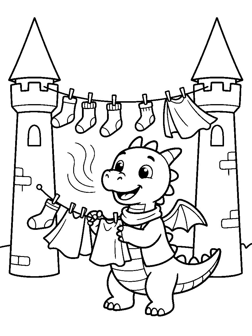 Dragon Laundry Day coloring page: a dragon drying laundry with warm breath as socks and capes flap on a line strung between two turrets