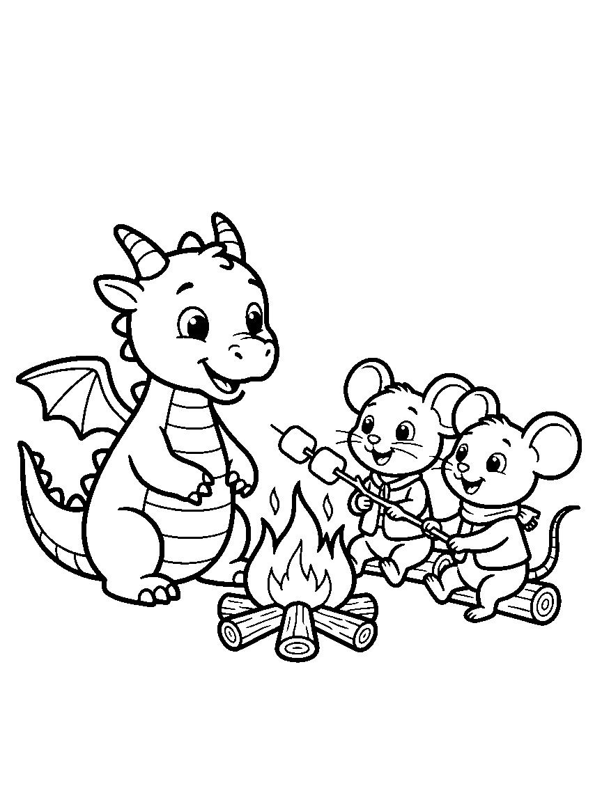 Dragon Marshmallow Campfire coloring page: a small dragon gently toasting marshmallows on its warm breath for two delighted mice at a campfire