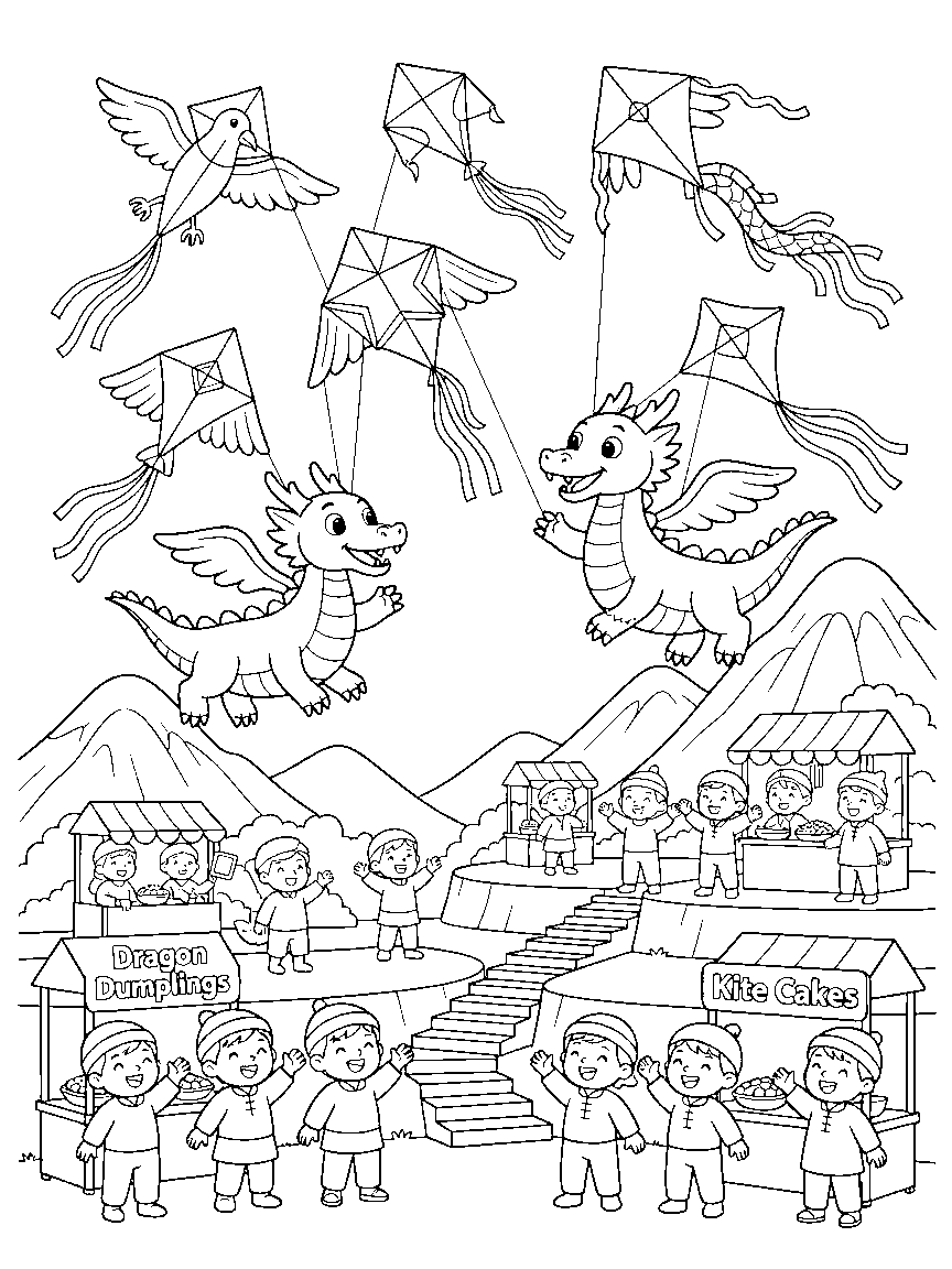 Mountain Kite Festival coloring page: dragons and villagers flying elaborate kites over mountain terraces with streamers, food stalls, and a winding staircase
