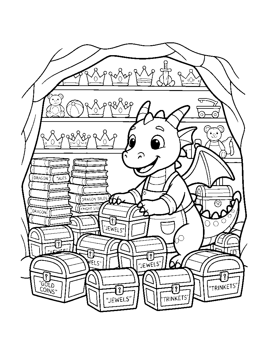 The Tidy Treasure Cave coloring page: an organized dragon sorting a treasure cave into labeled chests, book piles, crown racks, and a shelf of toy prizes