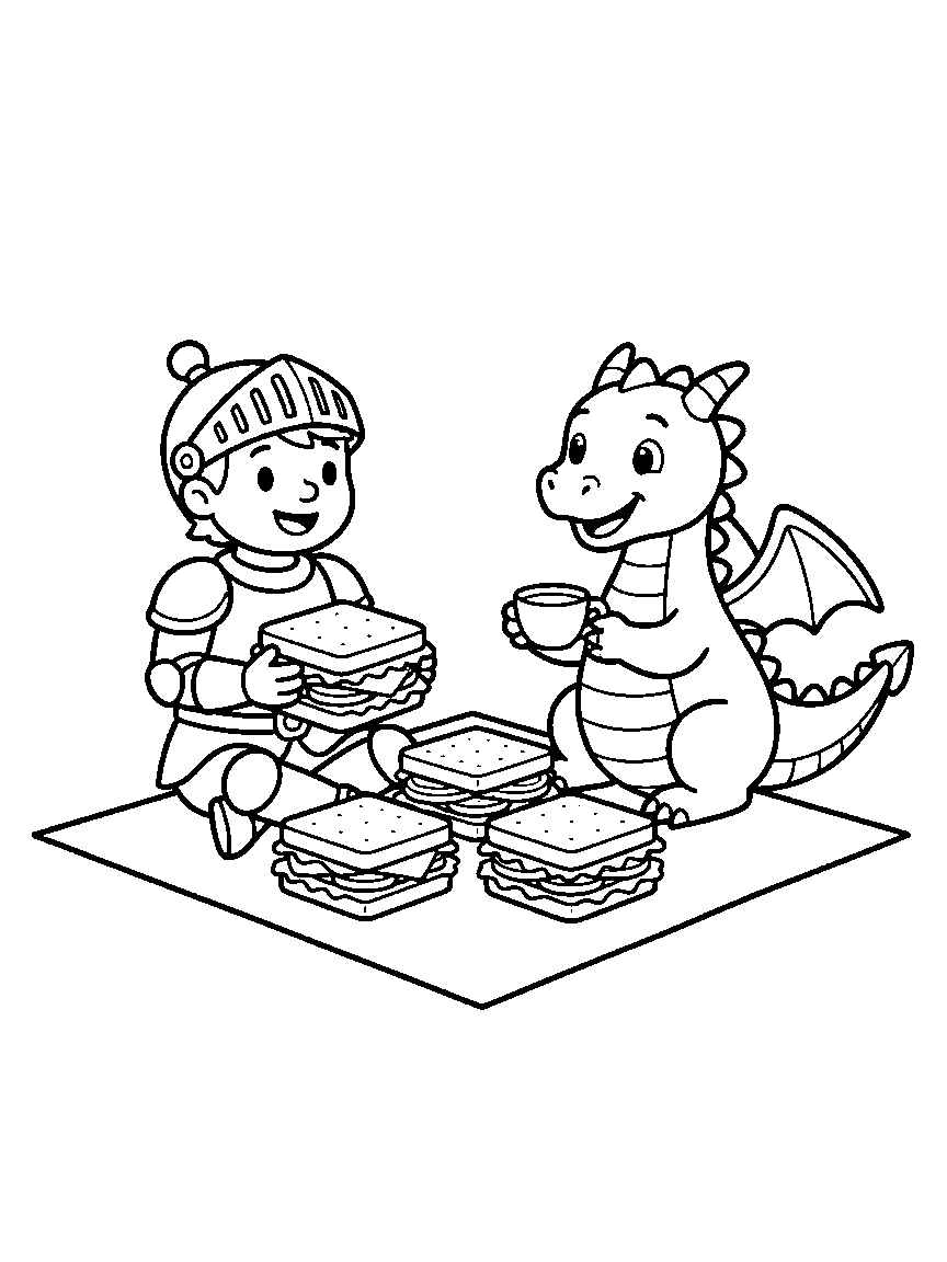 Knight and Dragon Picnic coloring page: a friendly knight and a dragon sharing a picnic of giant sandwiches, with the dragon holding a tiny teacup