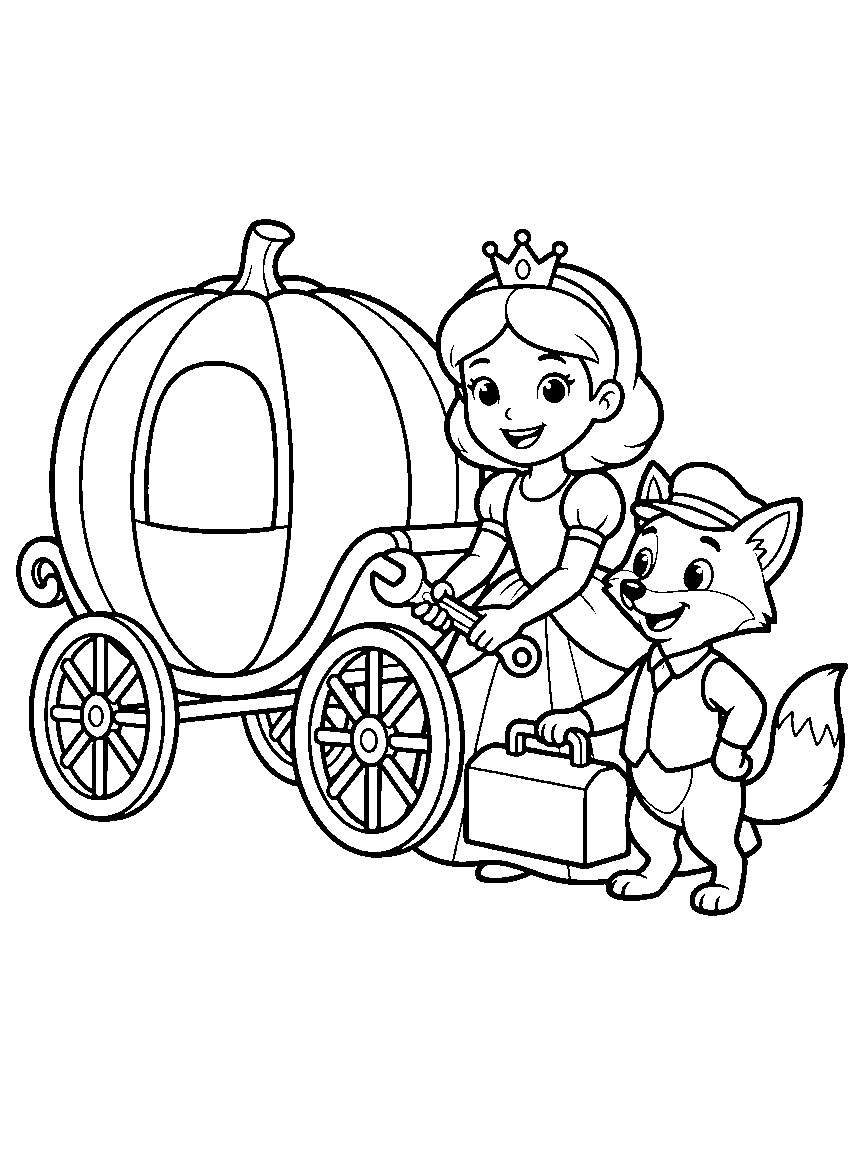 Carriage Repair Stop coloring page: a princess helping fix a pumpkin carriage wheel with a wrench while a footman fox steadies the toolbox