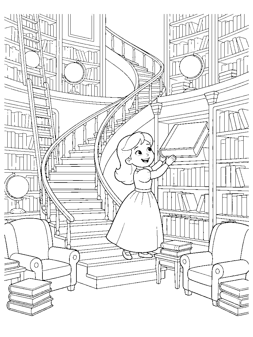 The Castle Library coloring page: a grand castle library with spiral stairs, rolling ladders, globe stands, reading nooks, and a princess shelving a giant atlas