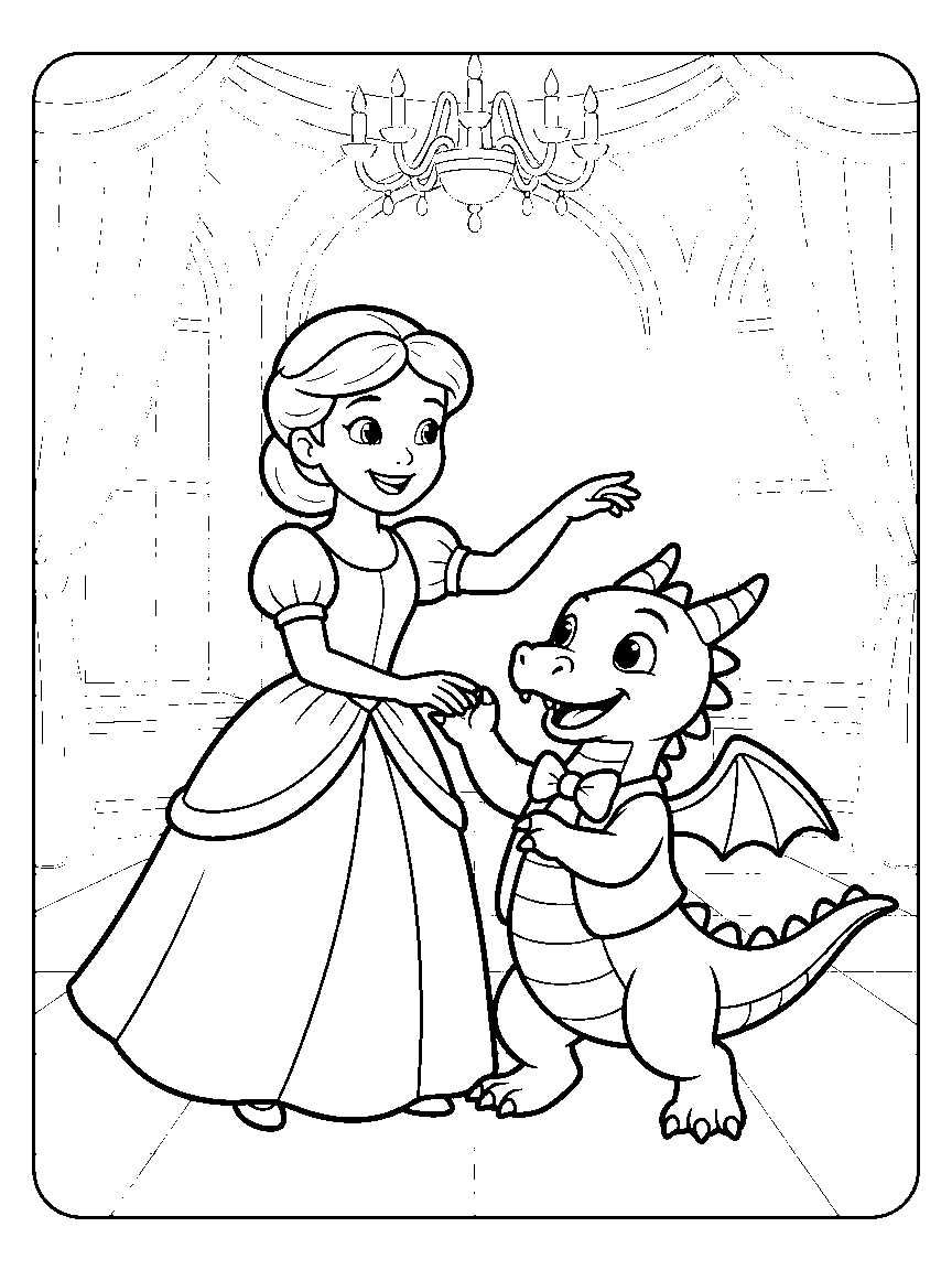 Dragon Dance Lesson coloring page: a princess teaching a clumsy young dragon to waltz in a ballroom with a curtained window and chandelier