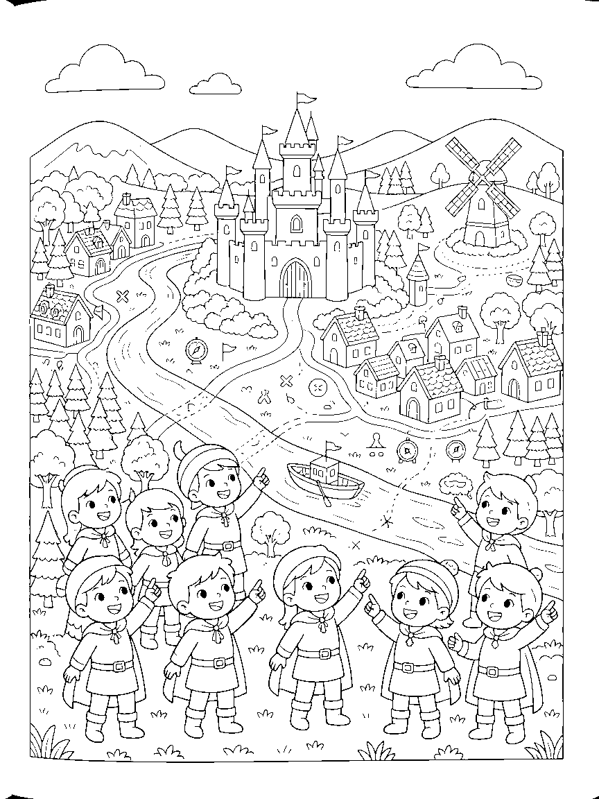 The Kingdom Map Quest coloring page: a detailed kingdom map with a castle, village rooftops, windmill hills, a river ferry, forest paths, and quest markers