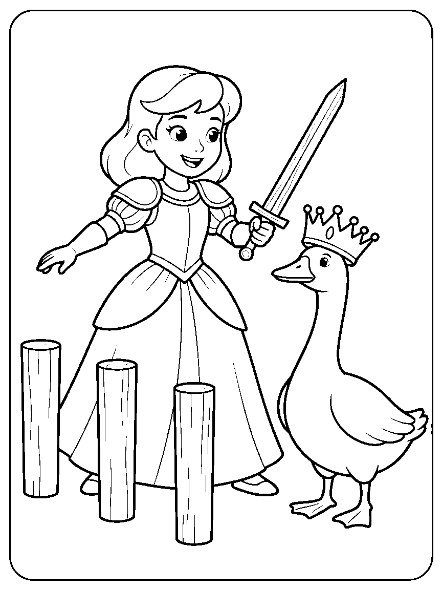 Princess Knight Training coloring page: a princess in light armor over her gown practicing with a wooden sword at pell posts while a goose holds her crown