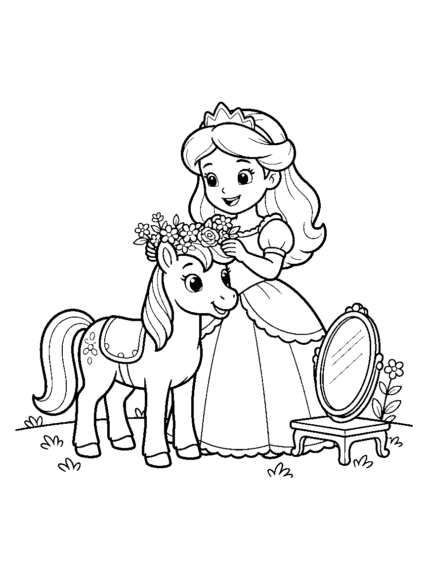 Pony Crown Fitting coloring page: a princess gently placing a flower crown on a smiling pony beside a mirror on a garden stand