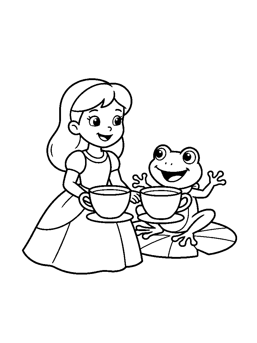 Princess and Frog Tea coloring page: a young princess in a simple gown having tea with a frog on a lily-pad table set with two big teacups