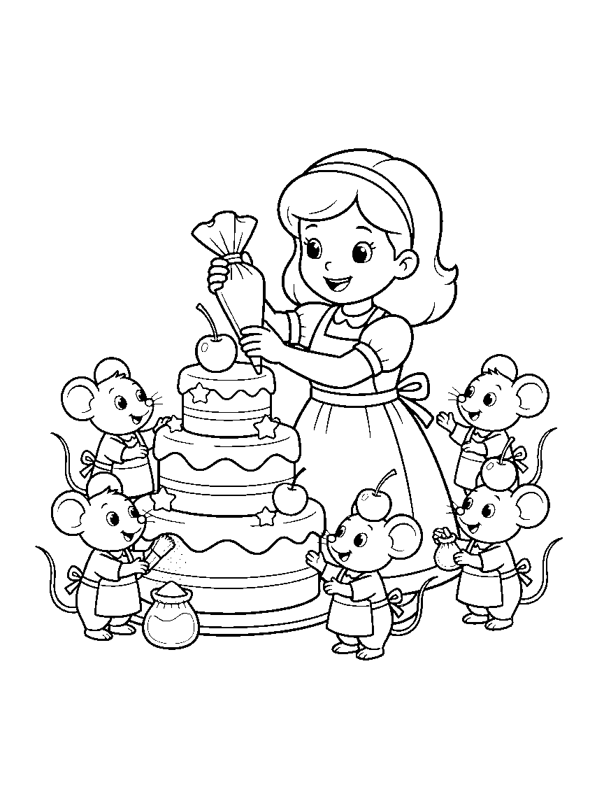 The Royal Bake-Off coloring page: a princess in an apron piping stars on a tall cake while mouse helpers dust sugar and balance a cherry