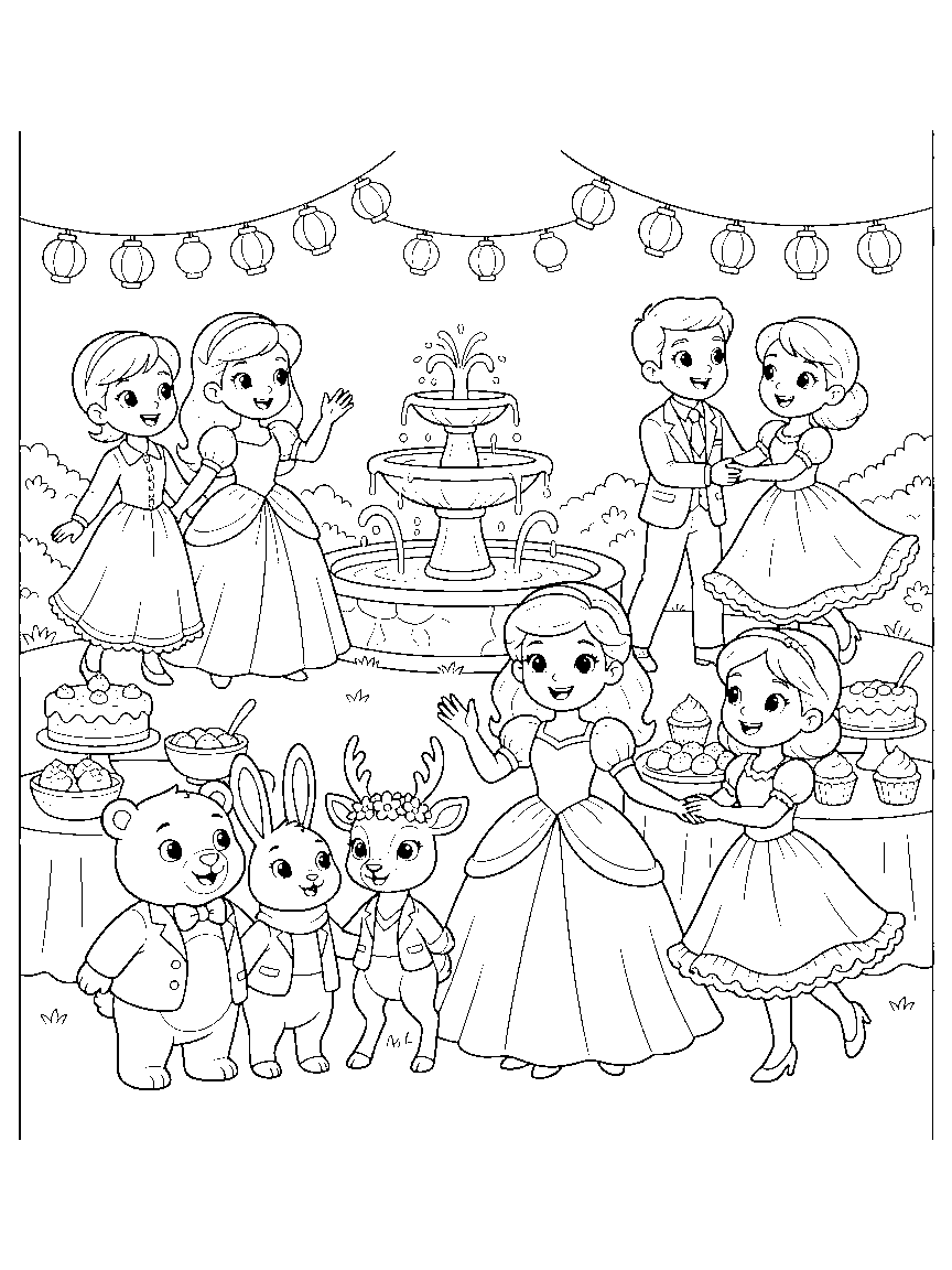 The Royal Garden Ball coloring page: a garden ball with lantern strings, a fountain, dancing couples, a dessert table, and a princess greeting animal guests