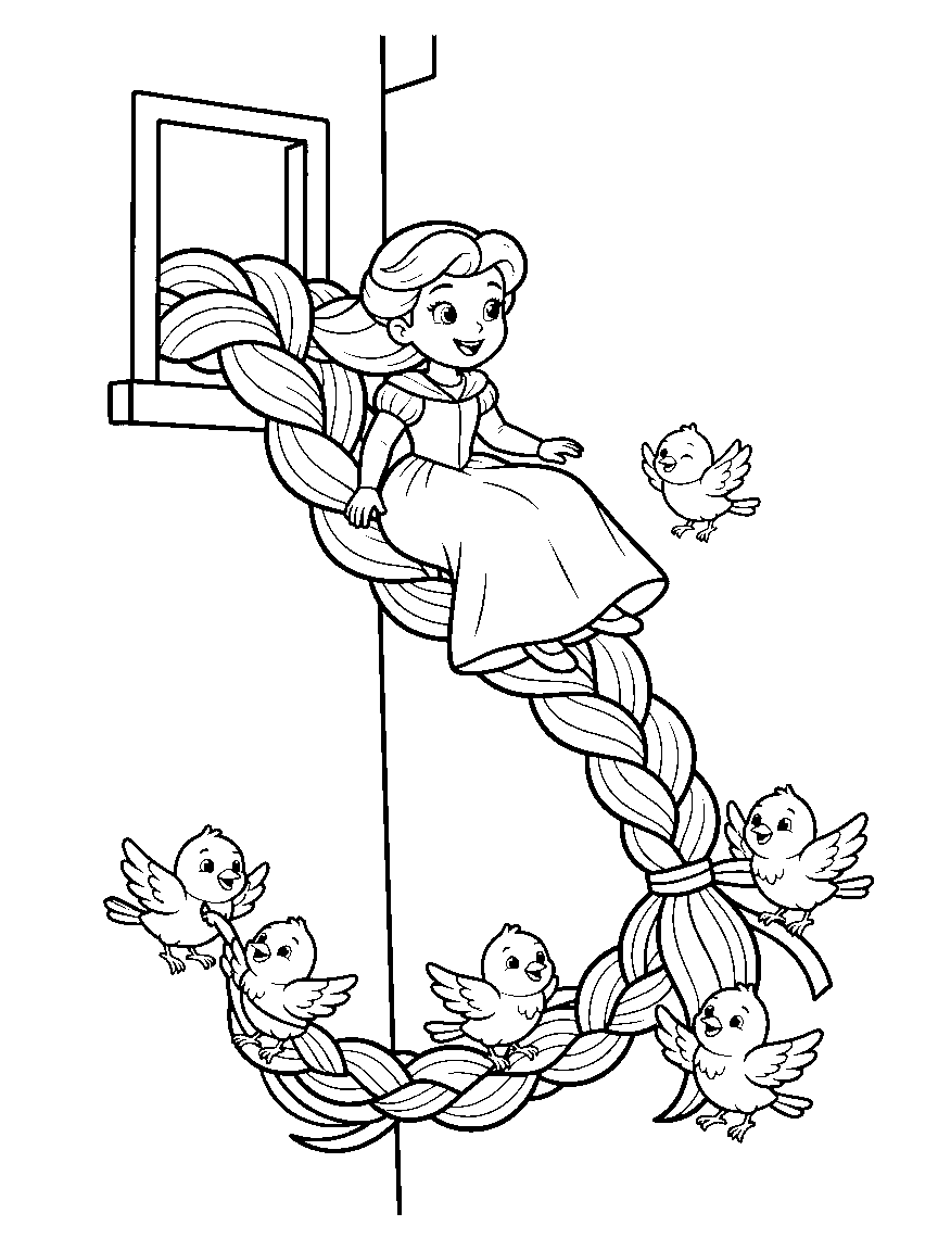 The Tower Braid Slide coloring page: a princess sliding down her own long braid from a tower window while birds carry the ribbon end