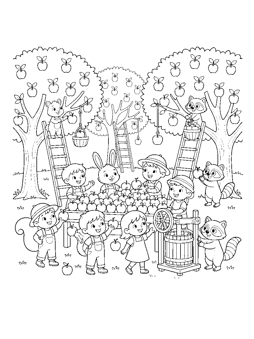 Apple Orchard Ladder Crew coloring page: an orchard scene with ladders, basket pulleys, a sorting table, a cider press, and raccoons sneaking one apple