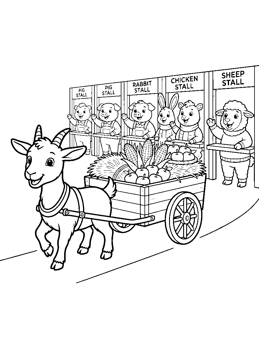 Barnyard Breakfast Delivery coloring page: a goat pulling a breakfast cart of hay bundles, corn, and apple baskets to animals waiting at labeled stalls