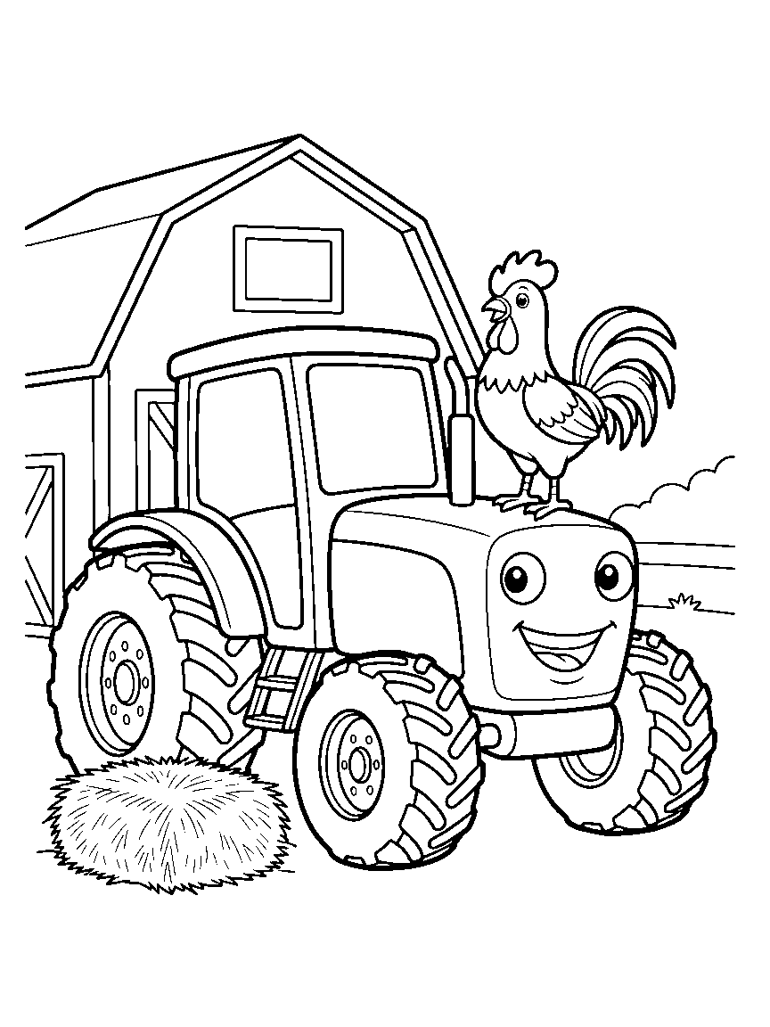 The Big Friendly Tractor coloring page: a large smiling tractor with giant back wheels parked by a barn door with a hay bale and a rooster on the hood