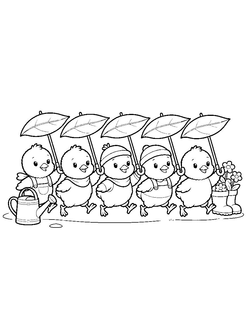 Chick Umbrella Parade coloring page: five fluffy chicks marching in a line under leaf umbrellas past a watering can and a boot planter