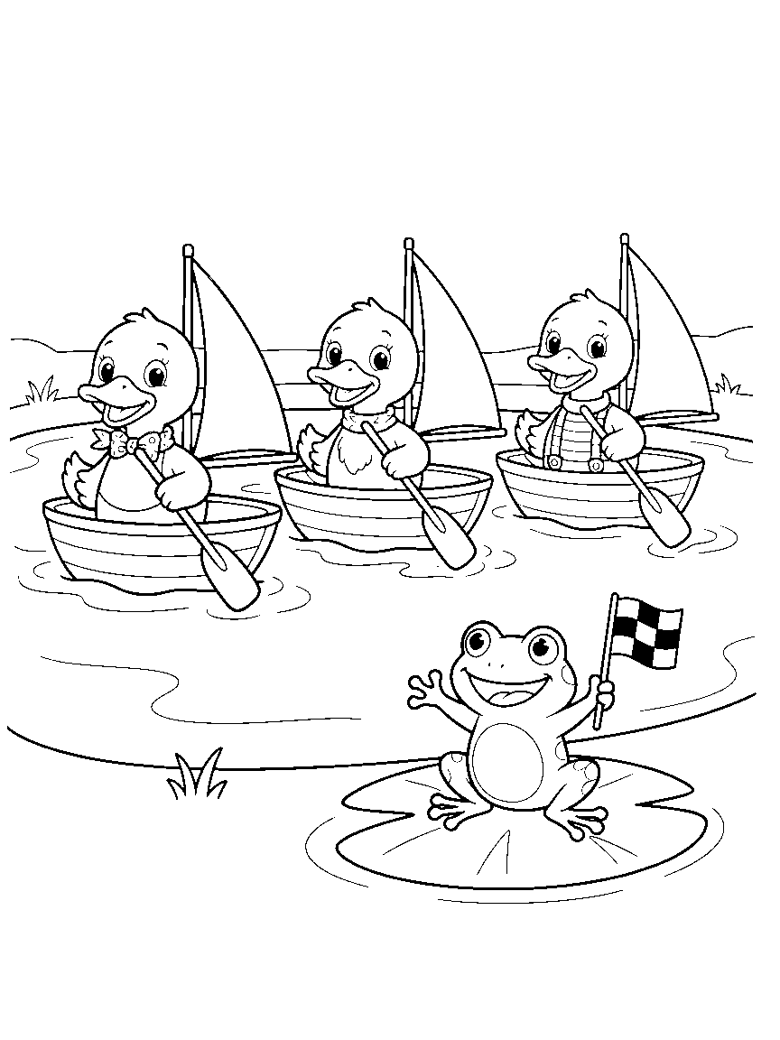 Duck Pond Regatta coloring page: ducklings racing walnut-shell sailboats across a pond while a frog waves a checkered flag from a lily pad