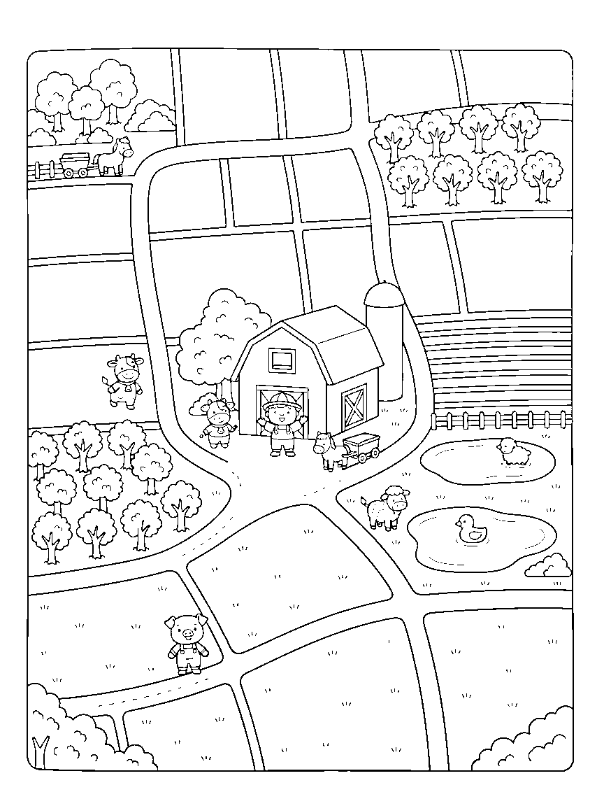 The Whole Farm Map coloring page: a bird's-eye farm map with field patches, the barn, silo, orchard rows, pond, winding lanes, and tiny working animals