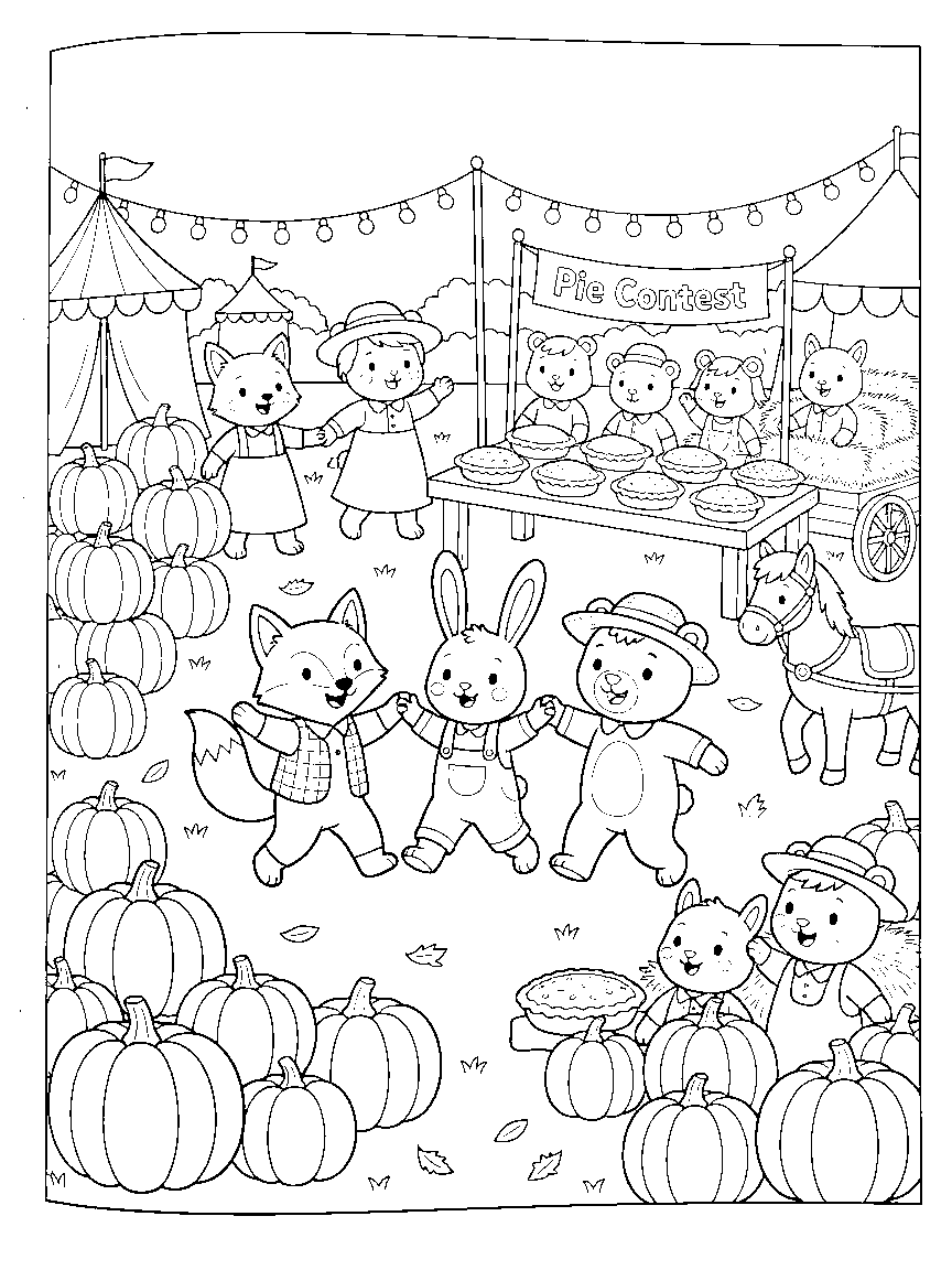 Harvest Festival Evening coloring page: a detailed harvest festival with pumpkin stacks, a pie contest table, string lights, hay rides, and dancing animals