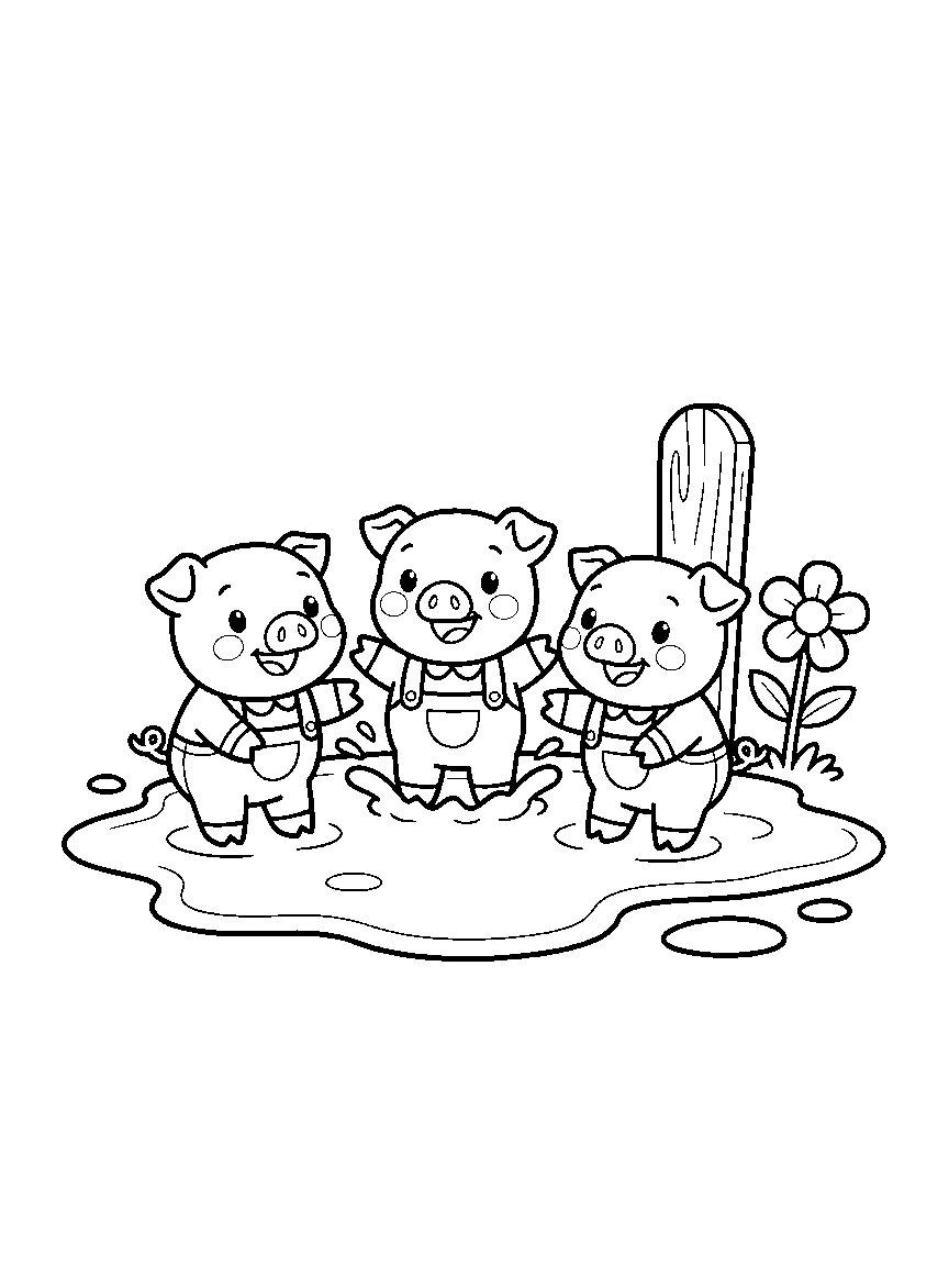 Mud Puddle Piglets coloring page: three round happy piglets splashing in one big mud puddle beside a wooden fence post and a daisy
