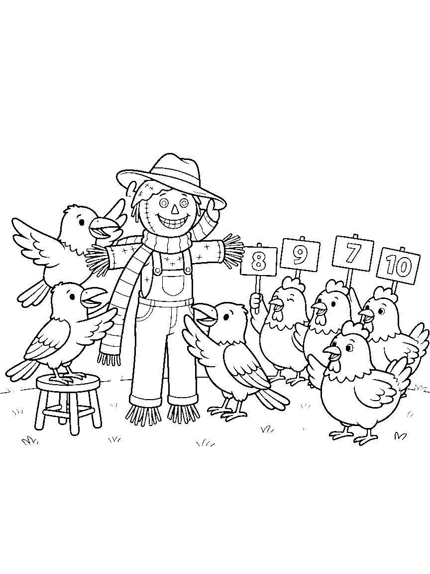 Scarecrow Dress-Up Contest coloring page: crows dressing a cheerful scarecrow in a scarf and hat while a judging panel of hens holds score signs