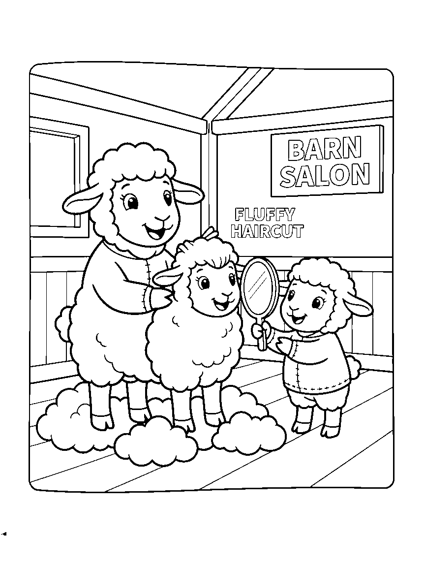 Sheep Haircut Day coloring page: a sheep getting a fluffy haircut at a barn salon while a lamb holds a mirror and wool clouds pile up